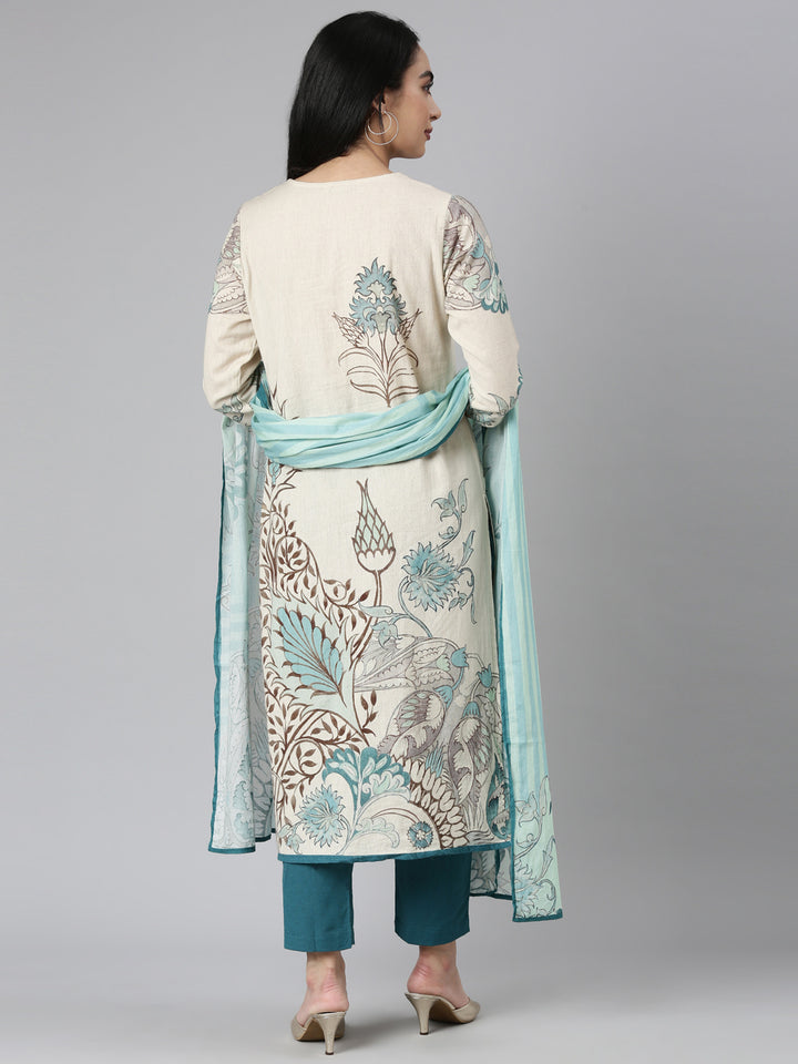 Neerus Beige Regular Straight Embroidered Kurta and Trousers With Dupatta