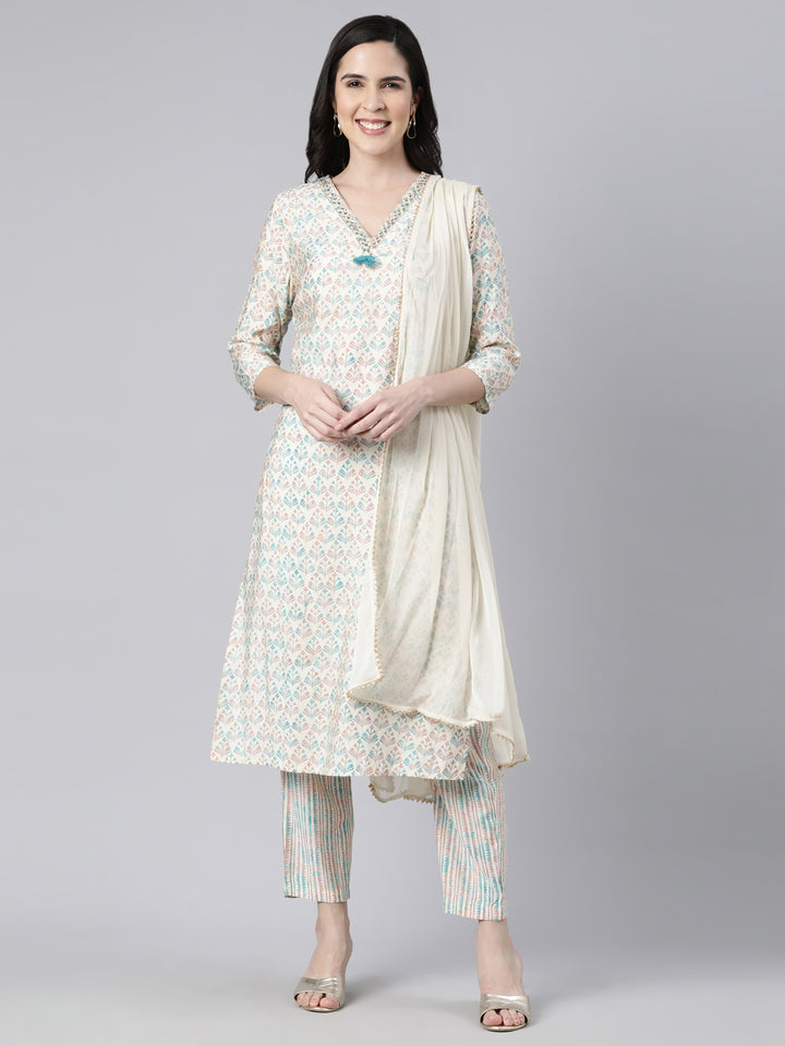 Neerus Blue printed floral suit set - front view