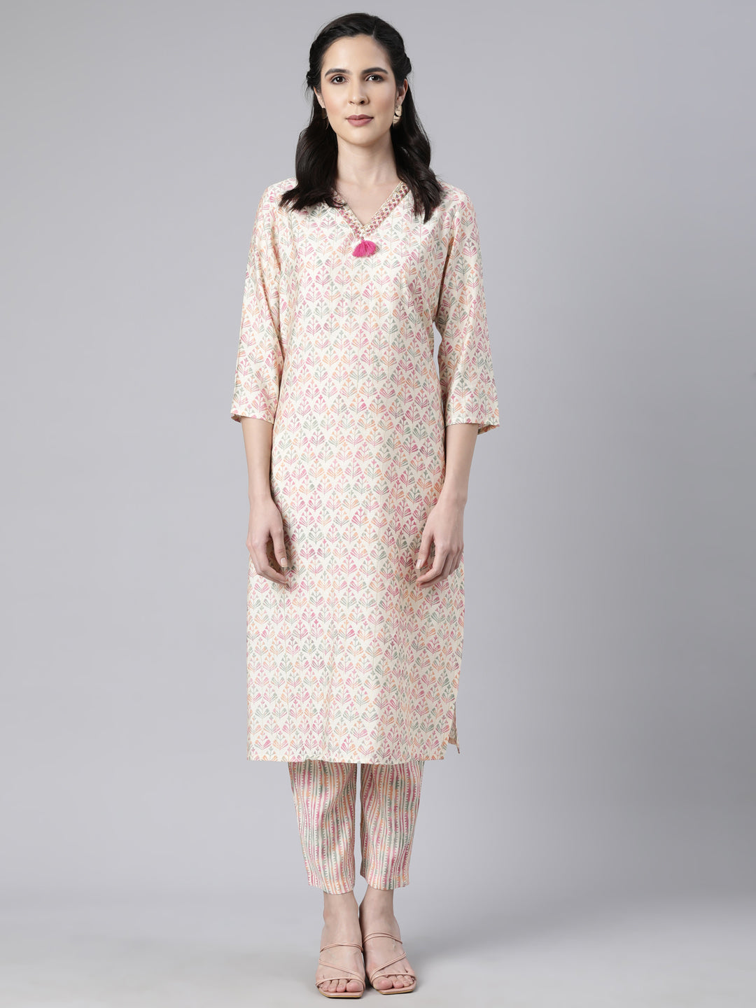 Neerus Pink Regular Straight Floral Kurta And  Trousers With Dupatta