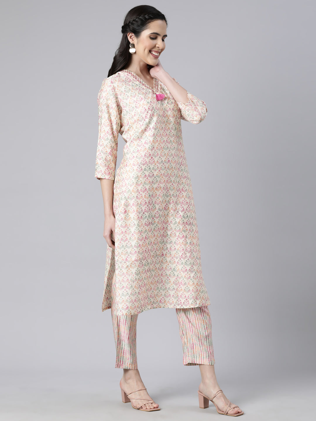 Neerus Pink Regular Straight Floral Kurta And  Trousers With Dupatta