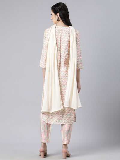 Neerus Pink Regular Straight Floral Kurta And  Trousers With Dupatta