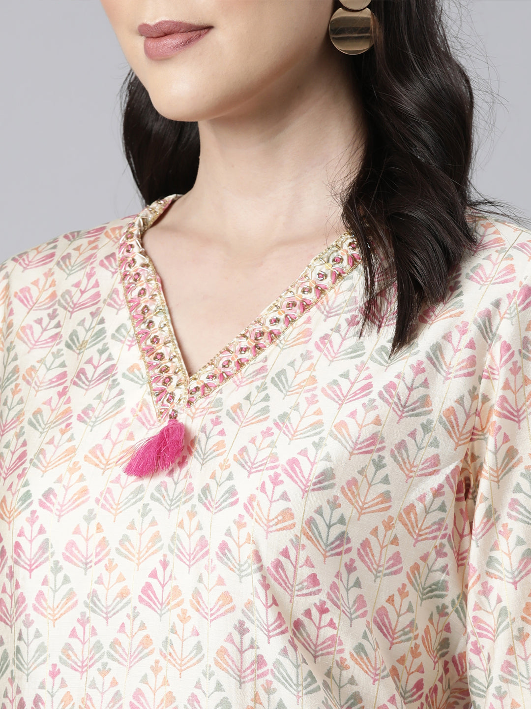 Neerus Pink Regular Straight Floral Kurta And  Trousers With Dupatta