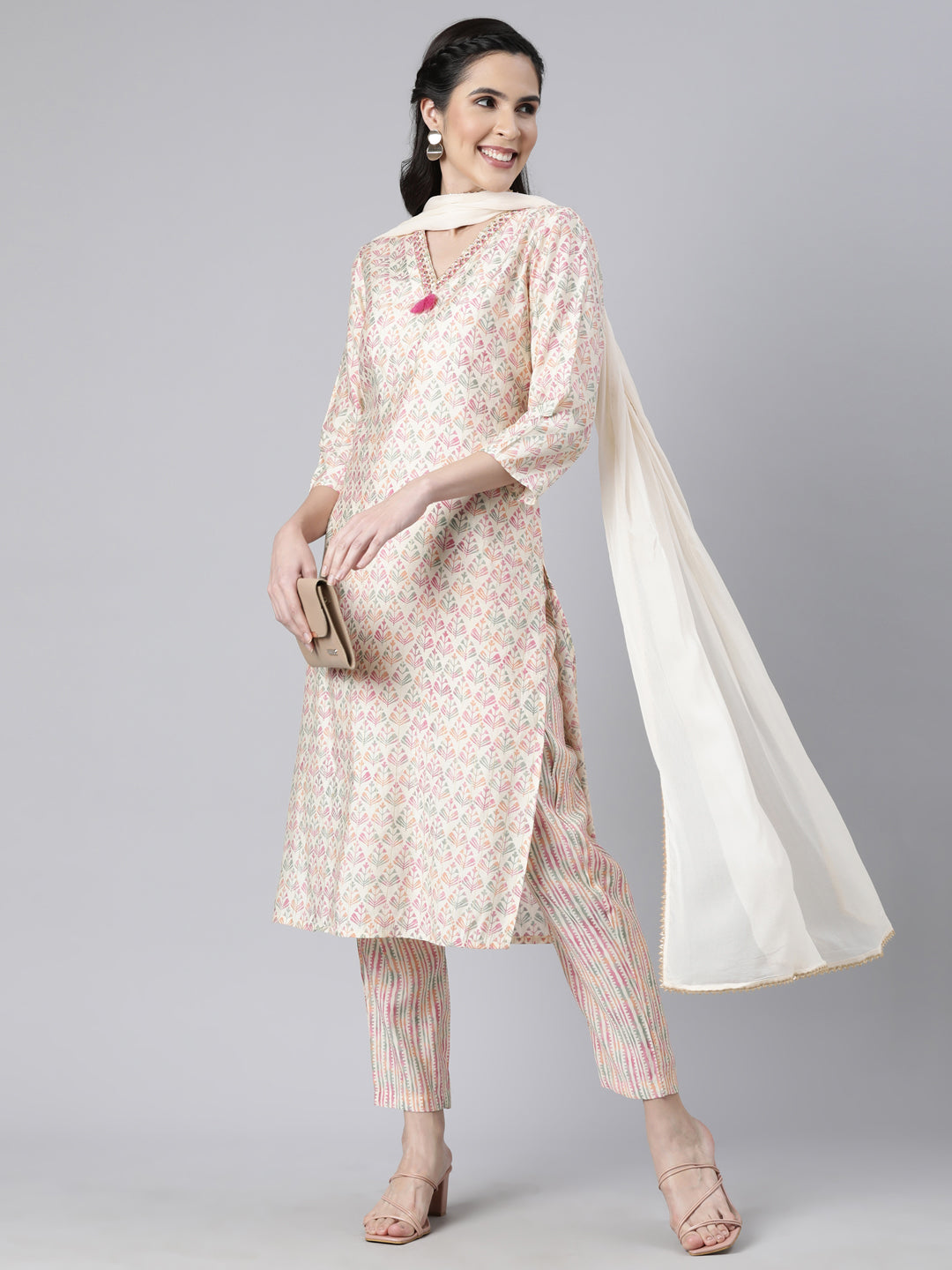 Neerus Pink Regular Straight Floral Kurta And  Trousers With Dupatta