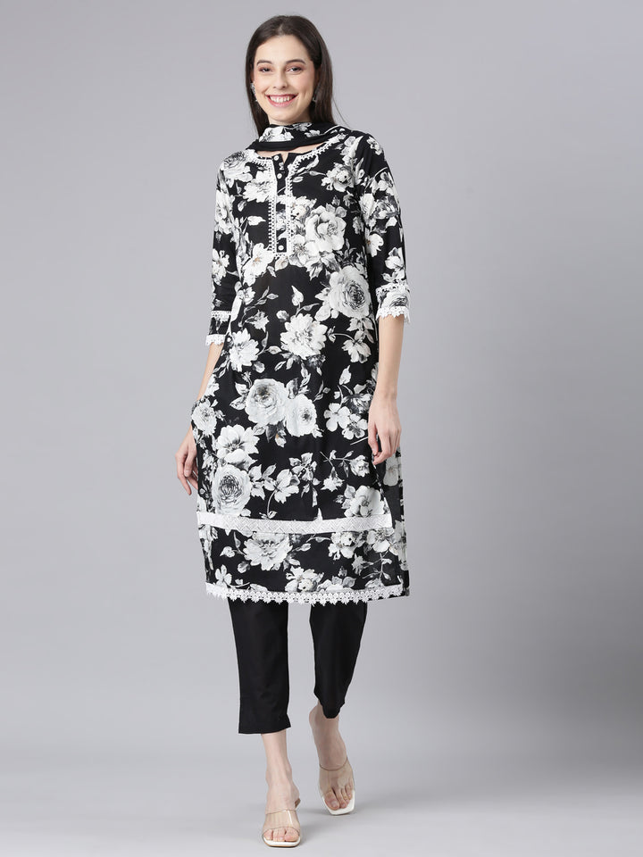 Neerus Black Printed Straight Kurta and Trousers With Dupatta