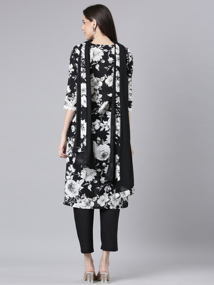 Neerus Black Printed Straight Kurta and Trousers With Dupatta