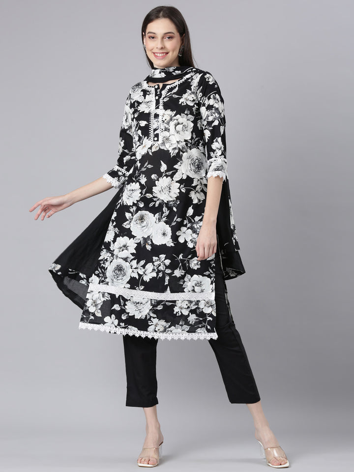 Neerus Black Printed Straight Kurta and Trousers With Dupatta