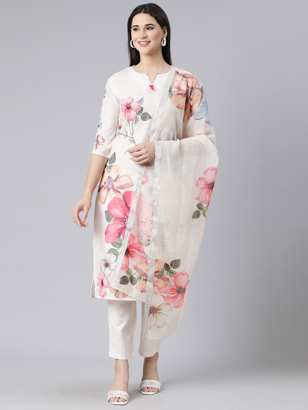 Neerus White printed straight suit set with dupatta - front view