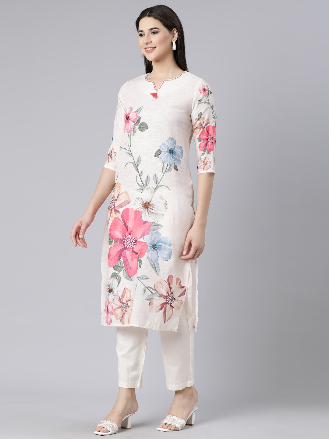 Neerus White printed straight suit set with dupatta - back view