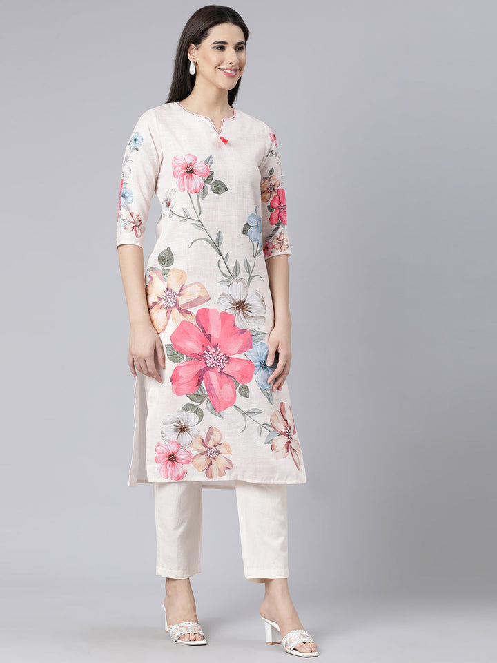 Neerus White printed straight suit set with dupatta - side view