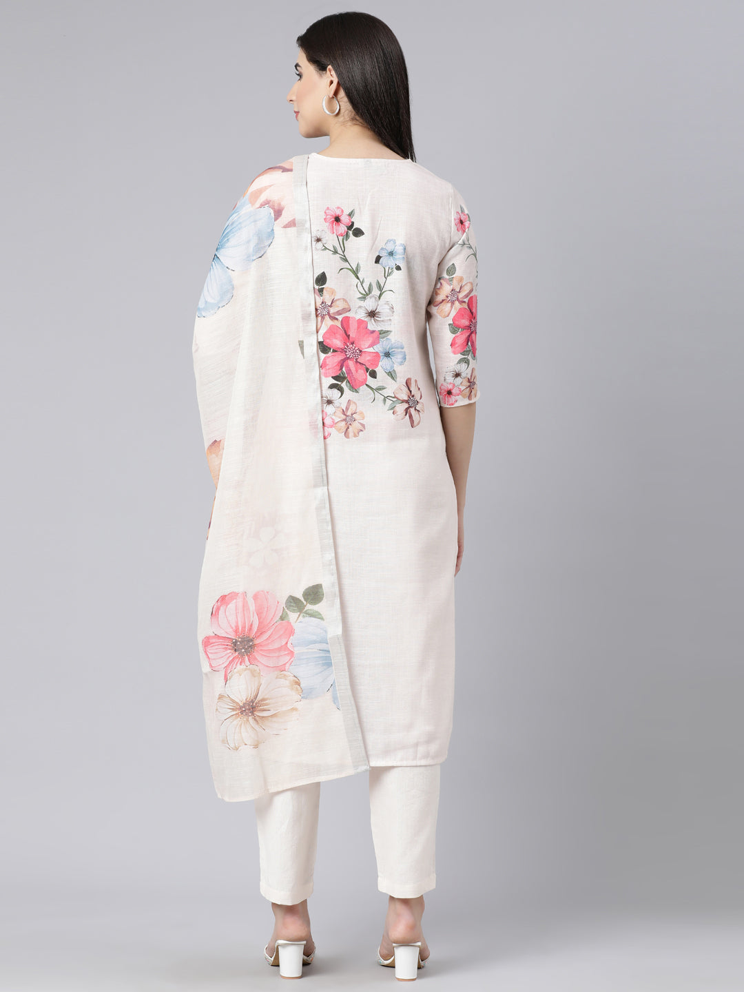 Neerus White printed straight suit set with dupatta - detail view 1