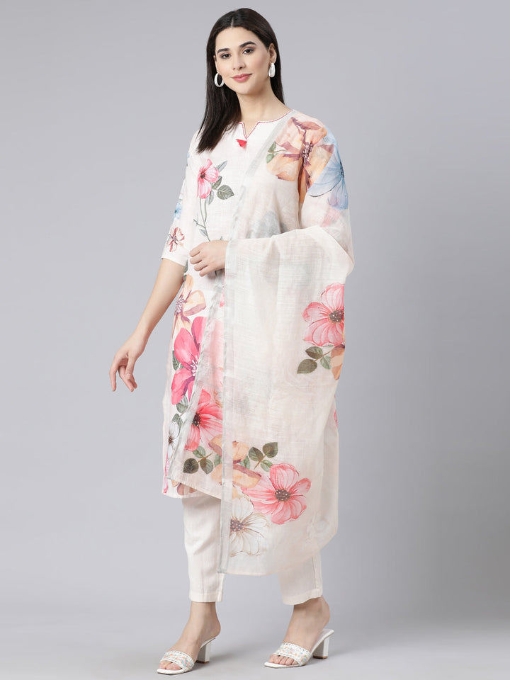 Neerus White printed straight suit set with dupatta - detail view 3