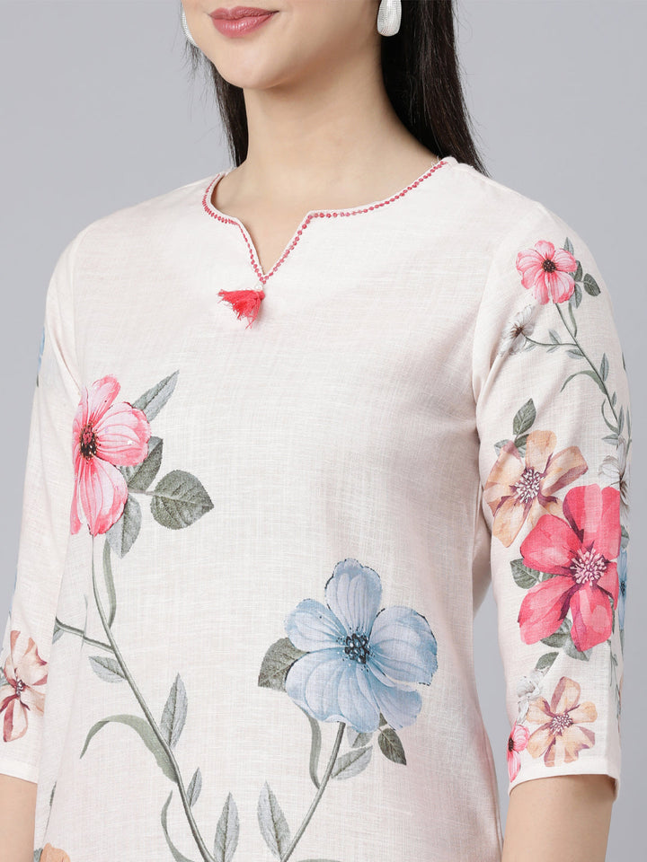 Neerus White printed straight suit set with dupatta - detail view 2
