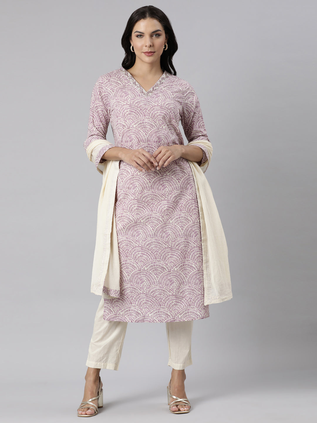 Neerus Purple printed straight suit set with dupatta - front view