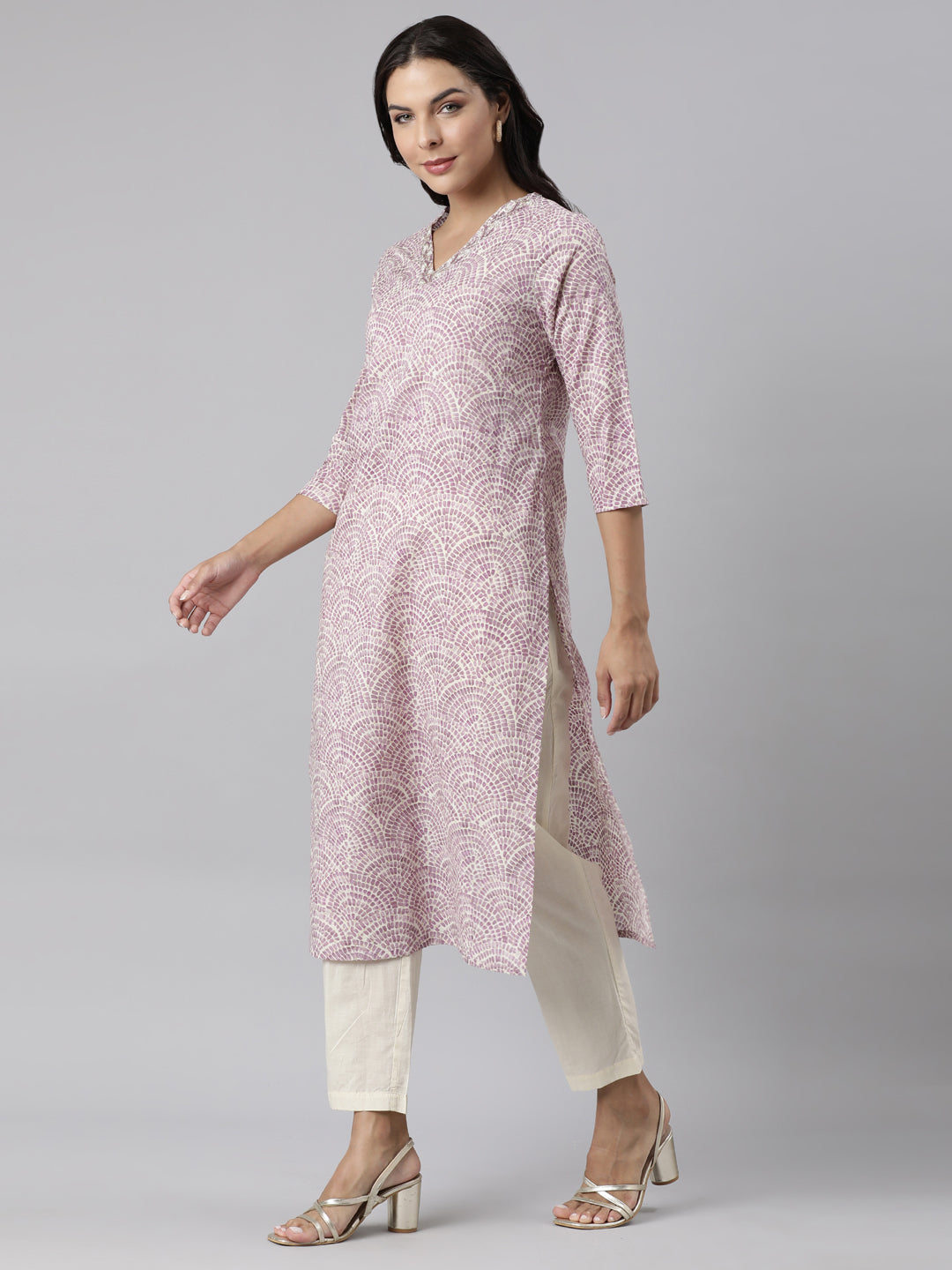 Neerus Purple printed straight suit set with dupatta - back view
