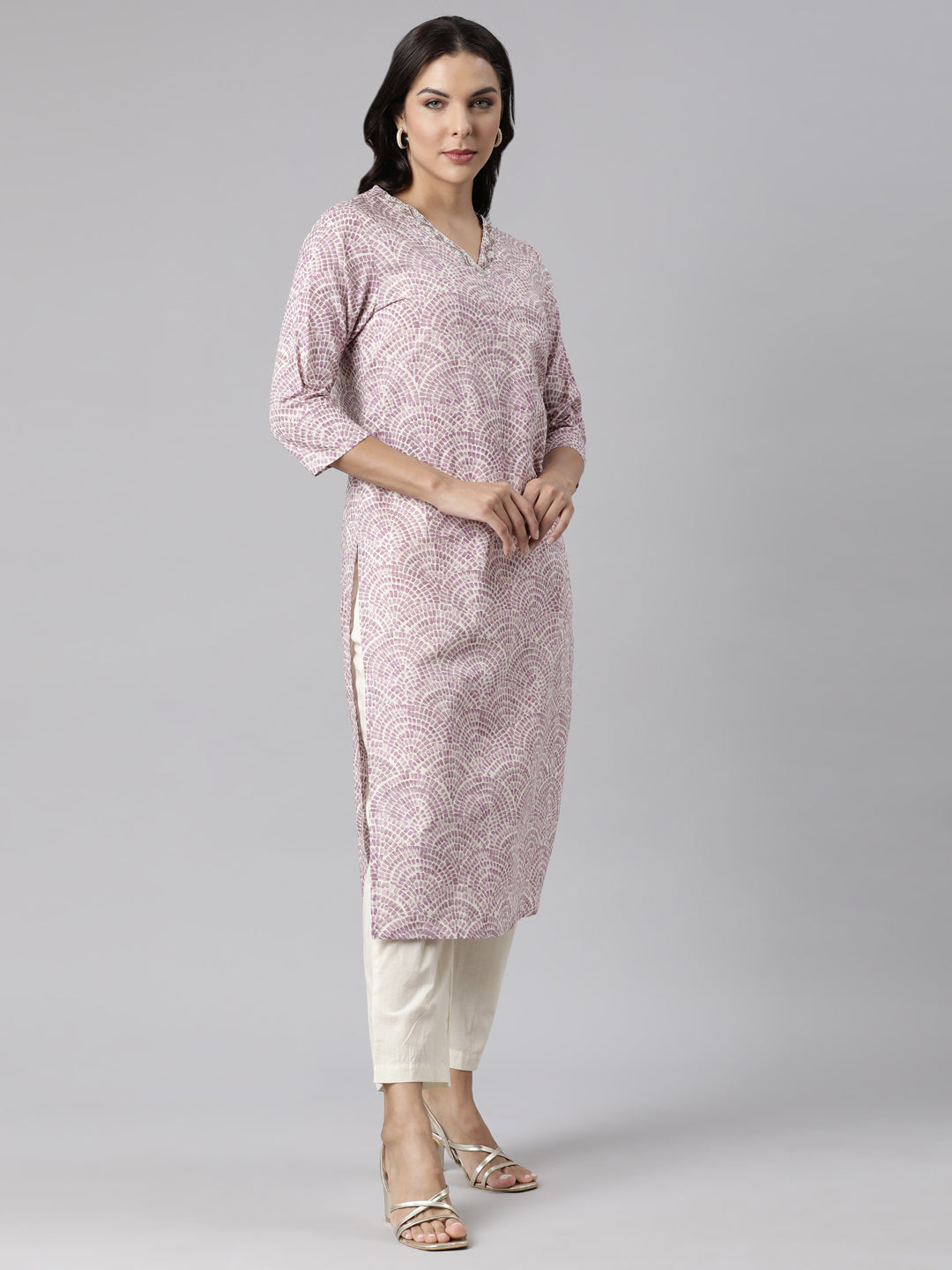 Neerus Purple printed straight suit set with dupatta - side view