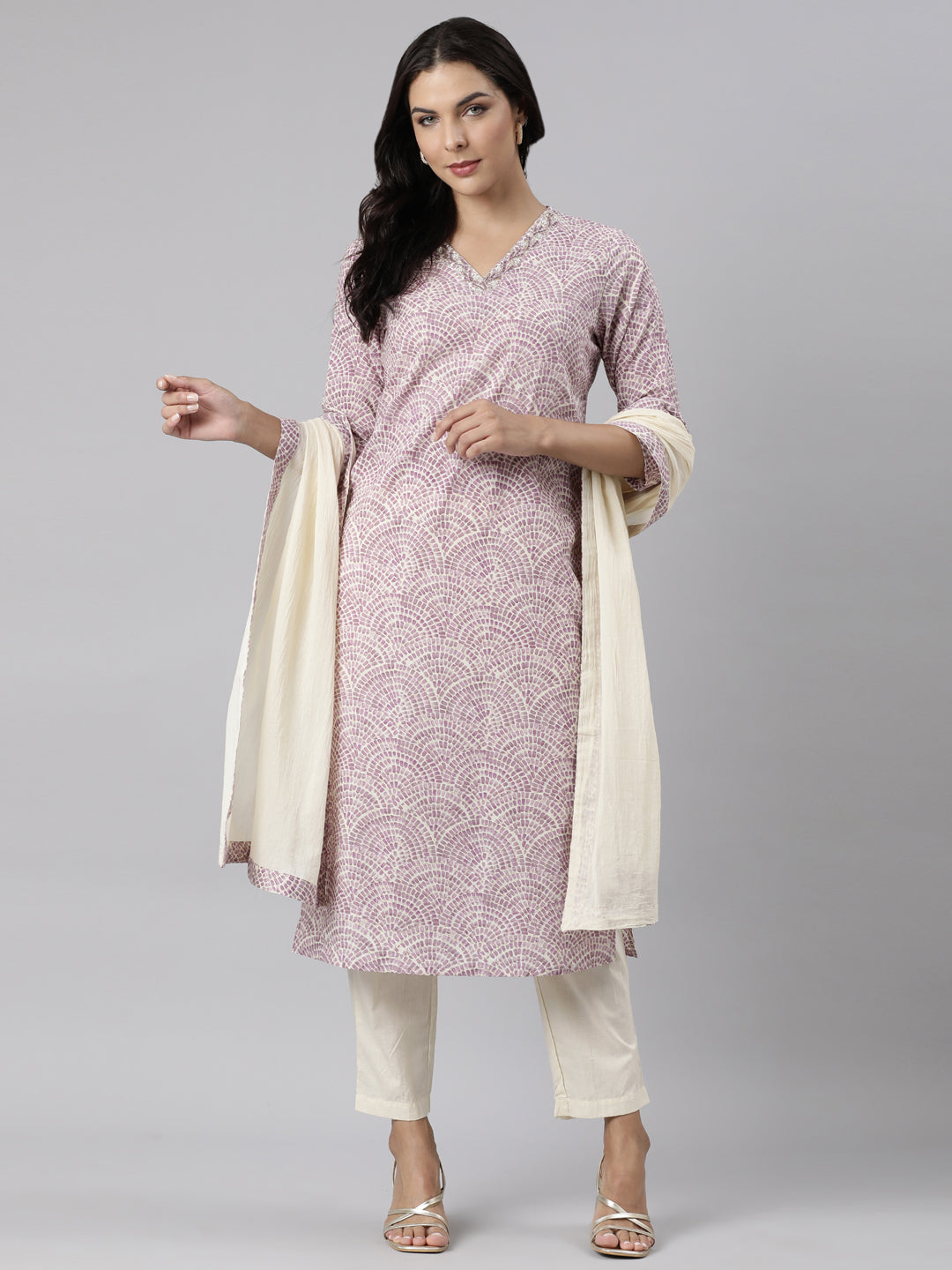 Neerus Purple printed straight suit set with dupatta - detail view 3