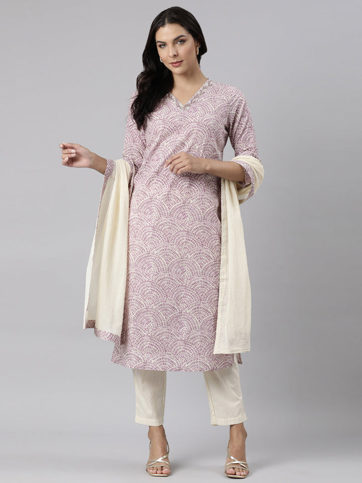 Neerus Purple printed straight suit set with dupatta - detail view 3