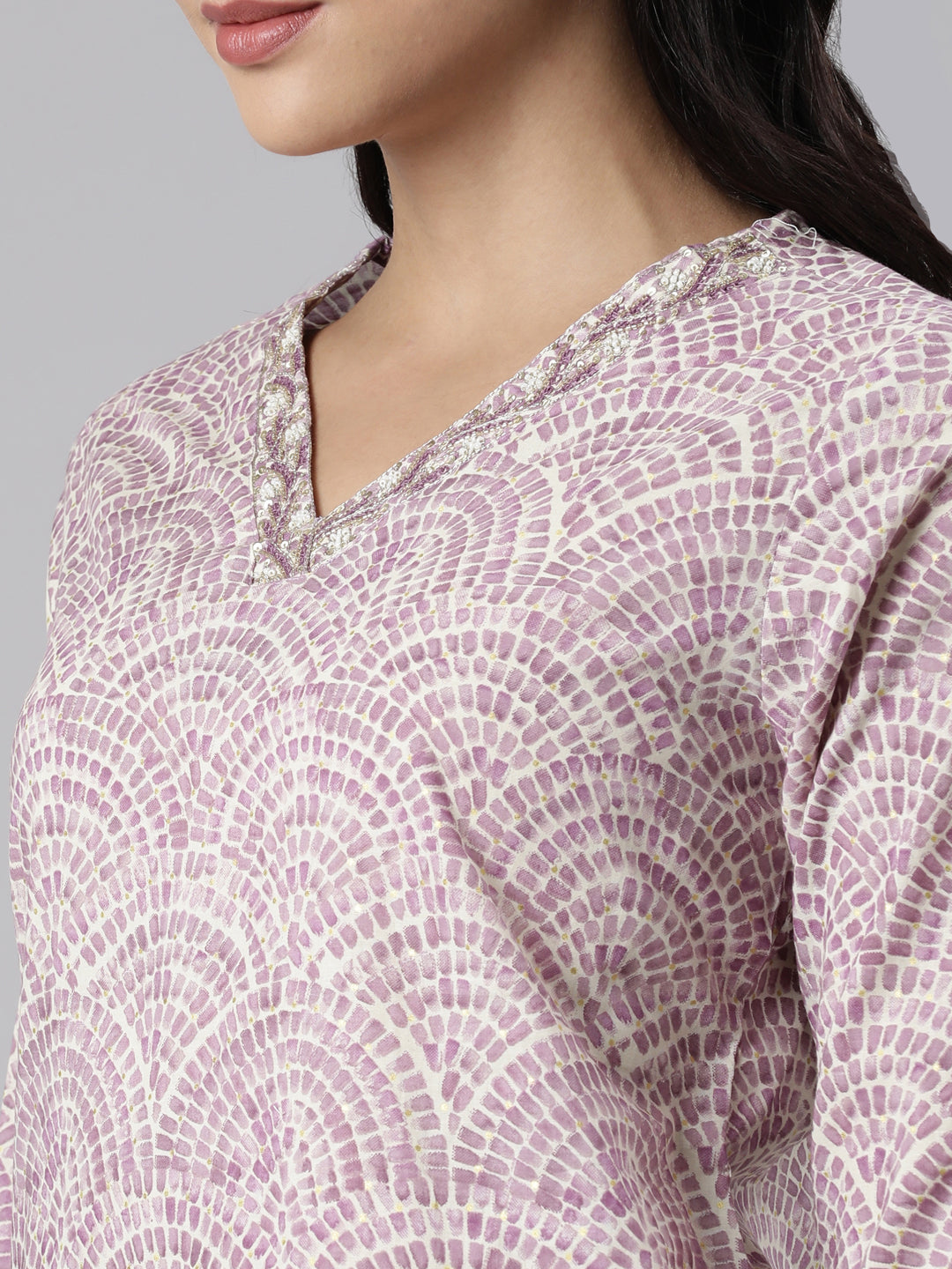 Neerus Purple printed straight suit set with dupatta - detail view 2