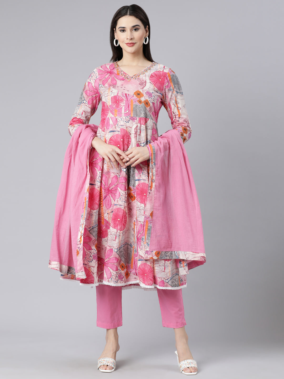 Neerus Pink cotton printed panelled suit set - front view
