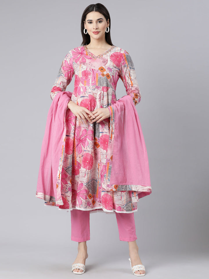 Neerus Pink cotton printed panelled suit set - front view