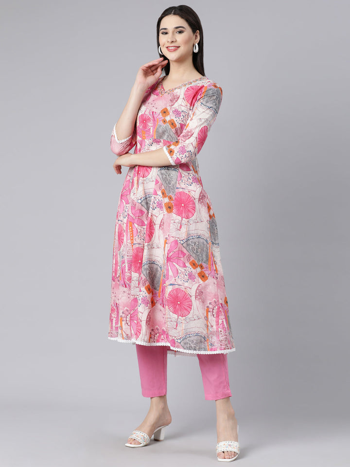 Neerus Pink cotton printed panelled suit set - back view