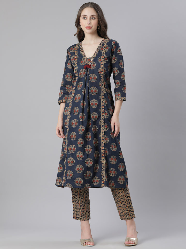 Neerus Navy Blue Printed Anarkali Kurta and Trousers With Dupatta