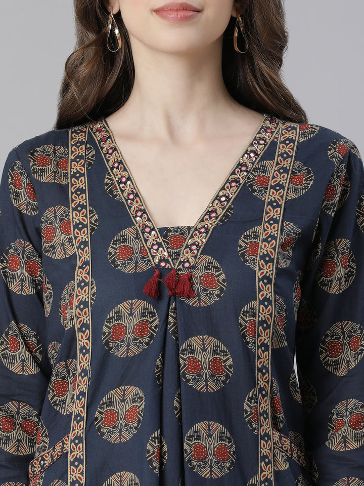 Neerus Navy Blue Printed Anarkali Kurta and Trousers With Dupatta