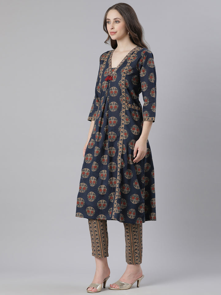 Neerus Navy Blue Printed Anarkali Kurta and Trousers With Dupatta