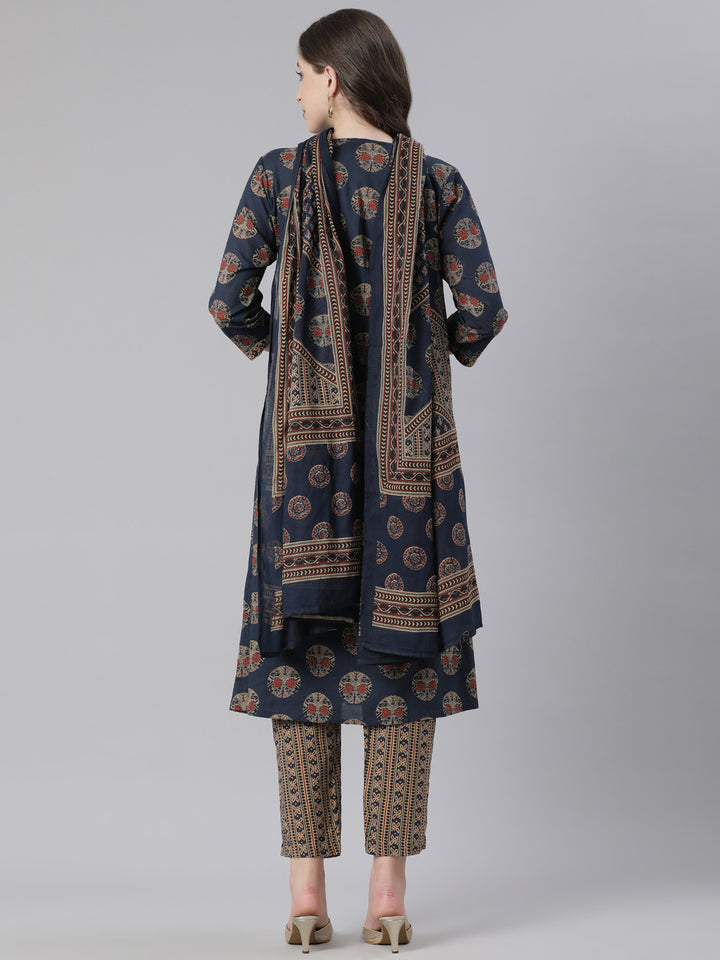 Neerus Navy Blue Printed Anarkali Kurta and Trousers With Dupatta