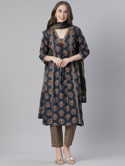 Neerus Navy Blue Printed Anarkali Kurta and Trousers With Dupatta
