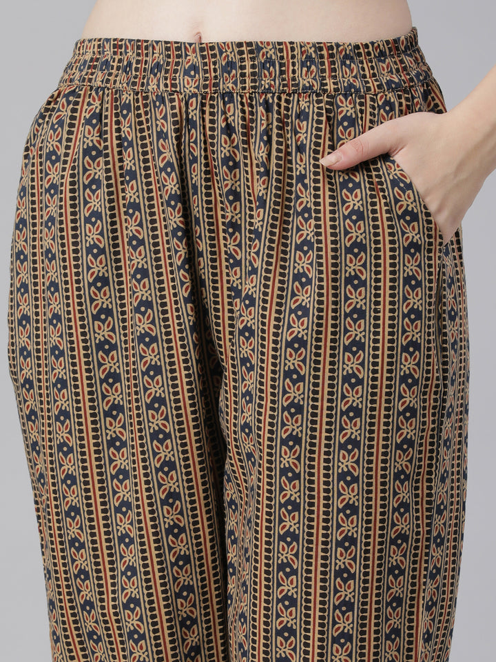 Neerus Navy Blue Printed Anarkali Kurta and Trousers With Dupatta