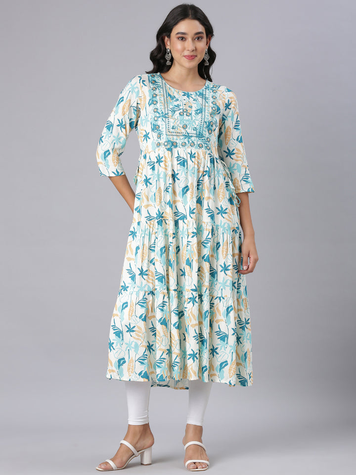 Neerus Teal Anarkali Casual Floral Kurtas