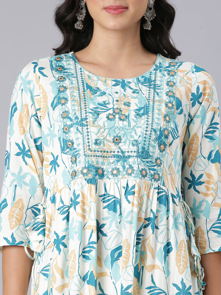 Neerus Teal Anarkali Casual Floral Kurtas