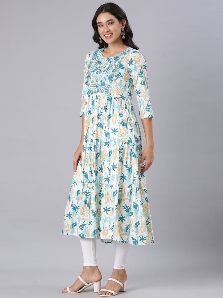 Neerus Teal Anarkali Casual Floral Kurtas