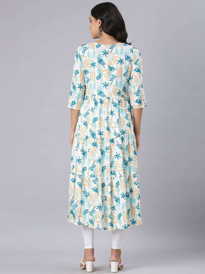 Neerus Teal Anarkali Casual Floral Kurtas