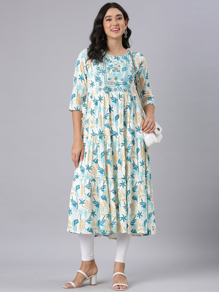 Neerus Teal Anarkali Casual Floral Kurtas