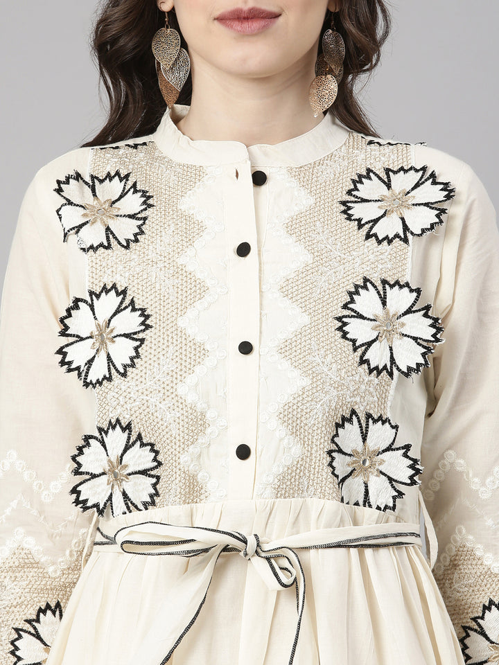 Neerus Cream Casual Solid Anarkali Kurtas