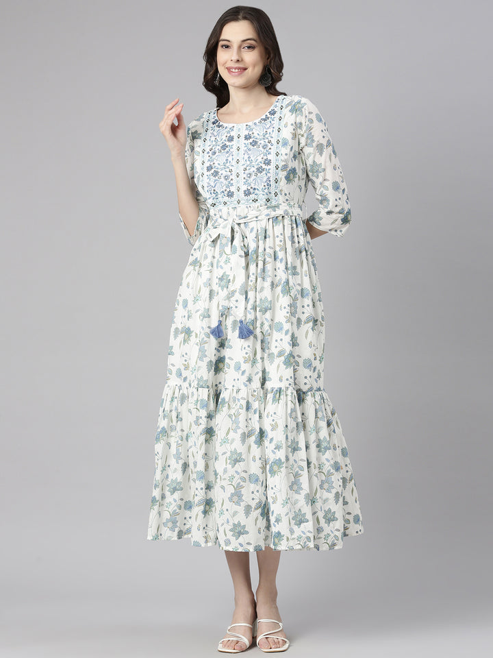 Neerus White Casual Maxi Floral Dresses