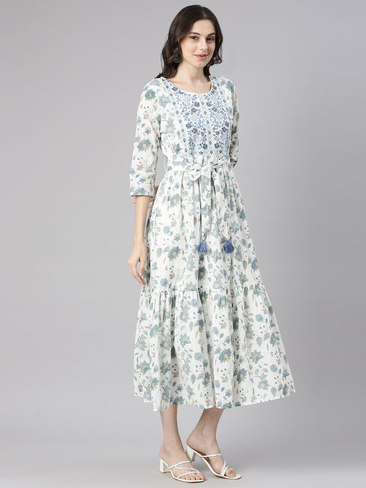 Neerus White Casual Maxi Floral Dresses