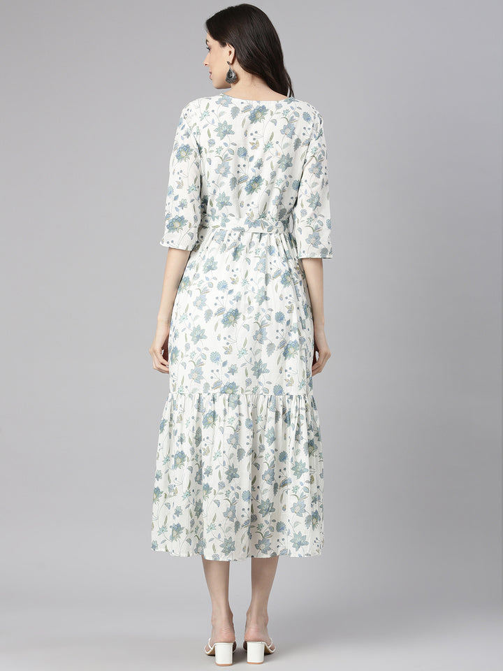 Neerus White Casual Maxi Floral Dresses