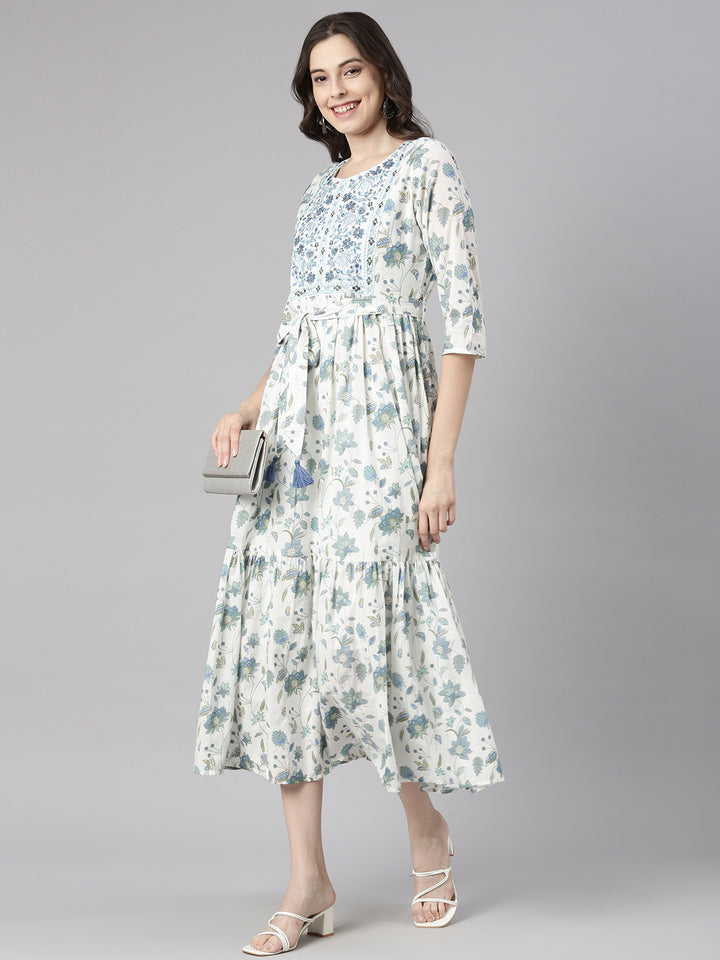 Neerus White Casual Maxi Floral Dresses
