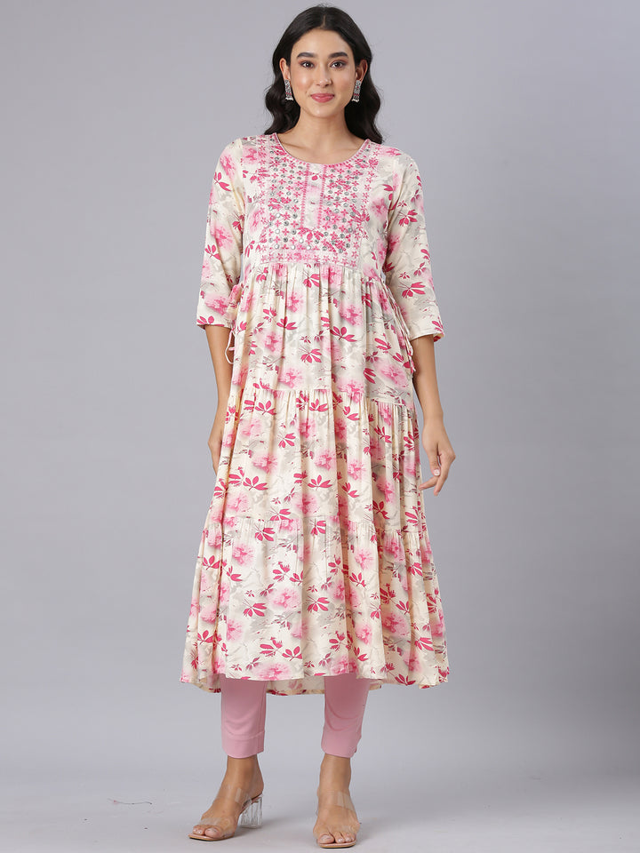 Neerus Pink Anarkali Casual Floral Kurtas