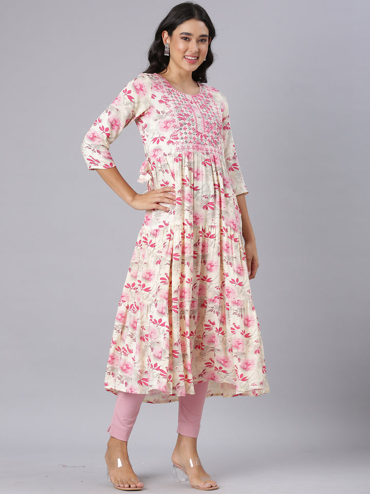 Neerus Pink Anarkali Casual Floral Kurtas