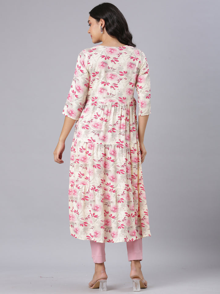 Neerus Pink Anarkali Casual Floral Kurtas