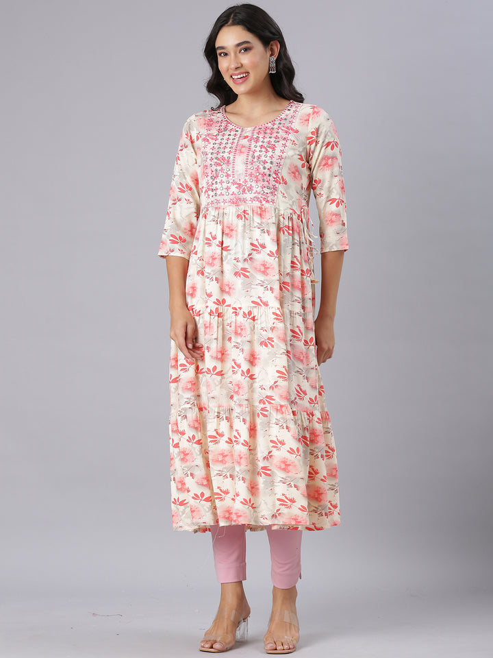 Neerus Red Anarkali Casual Floral Kurtas