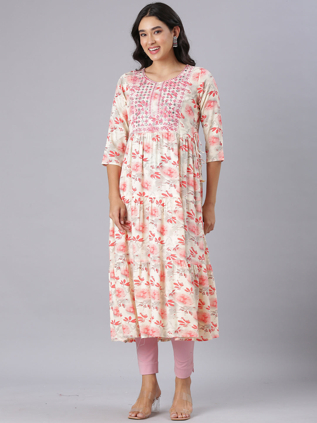Neerus Red Anarkali Casual Floral Kurtas