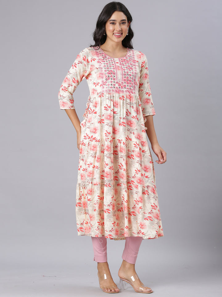 Neerus Red Anarkali Casual Floral Kurtas