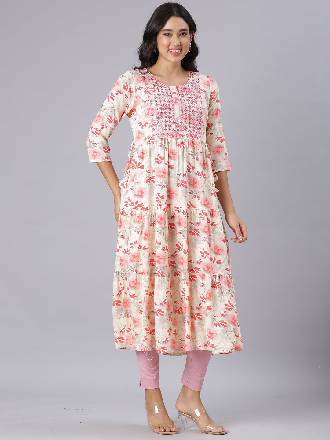 Neerus Red Anarkali Casual Floral Kurtas