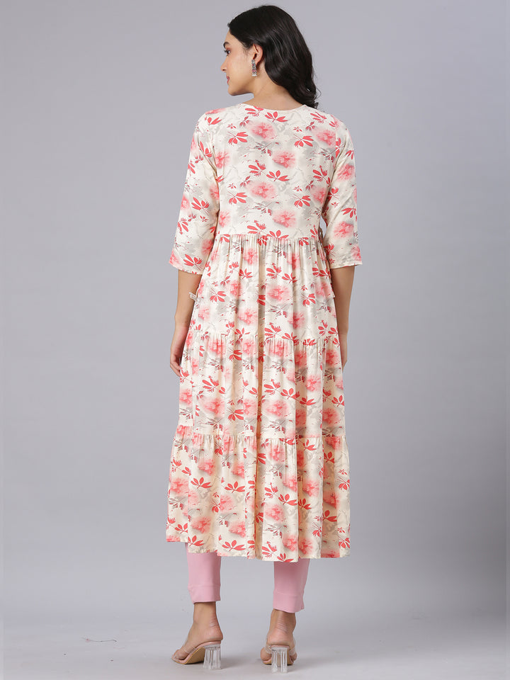 Neerus Red Anarkali Casual Floral Kurtas
