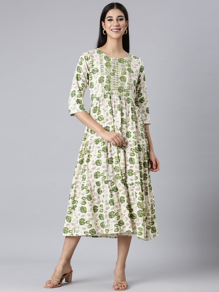 Neerus Cream Casual Floral Maxi Dresses